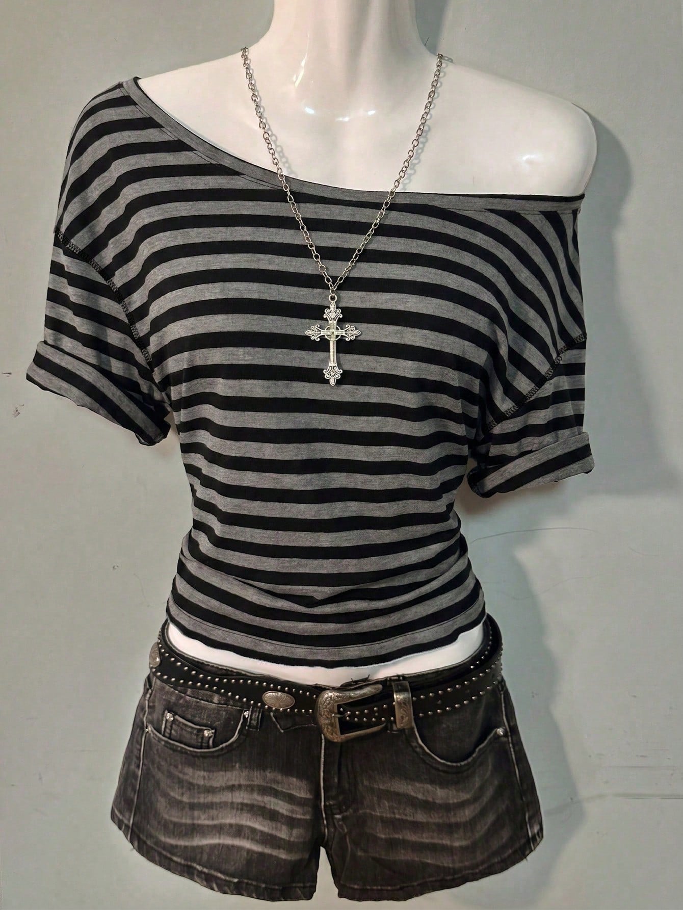 Attitoon Women's 95% Cotton Black/Grey Striped Off-Shoulder Tee- Y2K Streetwear, Summer/Home, Soft Girl,Punk