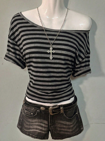 Attitoon Women's 95% Cotton Black/Grey Striped Off-Shoulder Tee- Y2K Streetwear, Summer/Home, Soft Girl,Punk