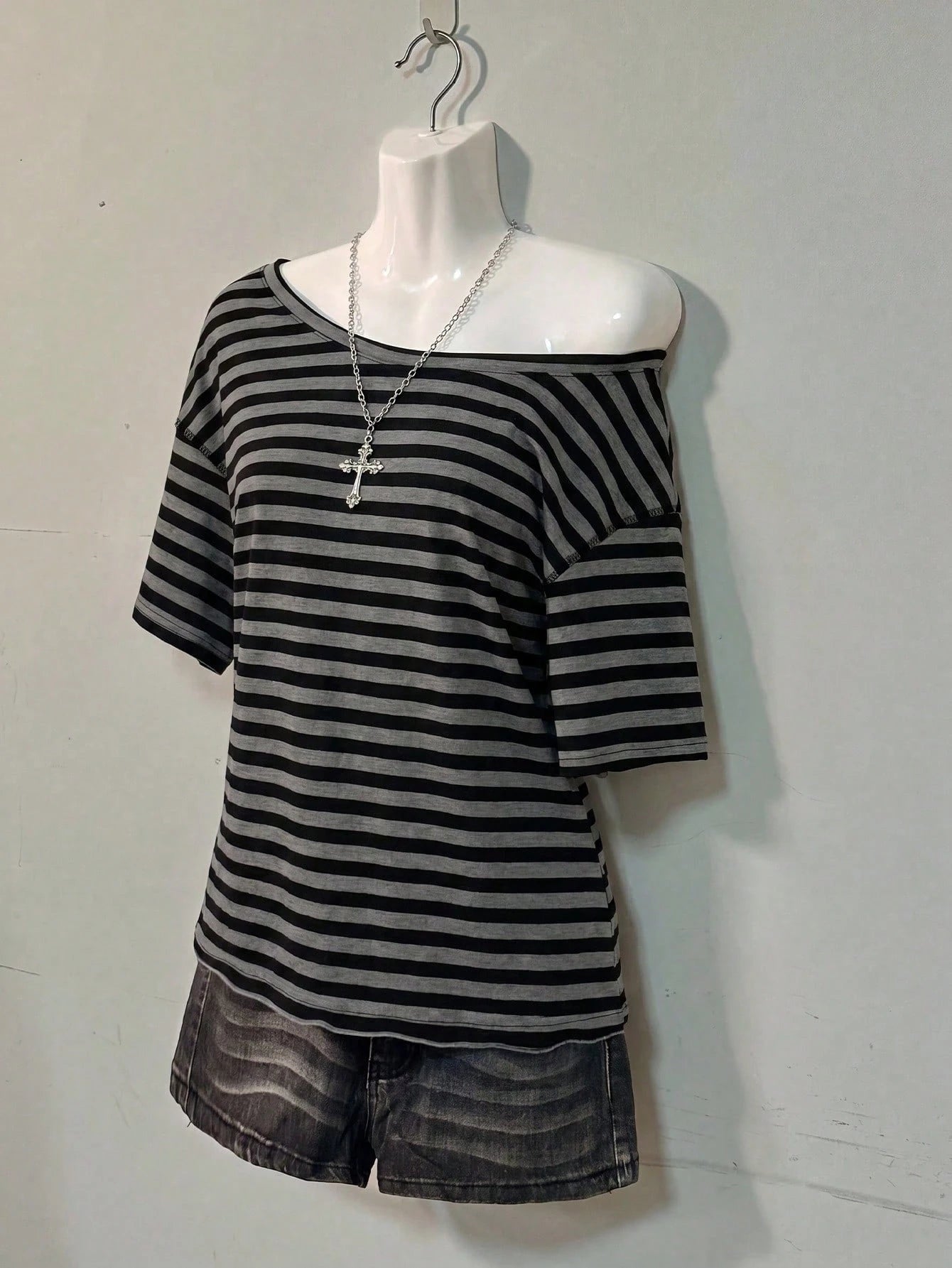 Attitoon Women's 95% Cotton Black/Grey Striped Off-Shoulder Tee- Y2K Streetwear, Summer/Home, Soft Girl,Punk