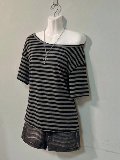 Attitoon Women's 95% Cotton Black/Grey Striped Off-Shoulder Tee- Y2K Streetwear, Summer/Home, Soft Girl,Punk