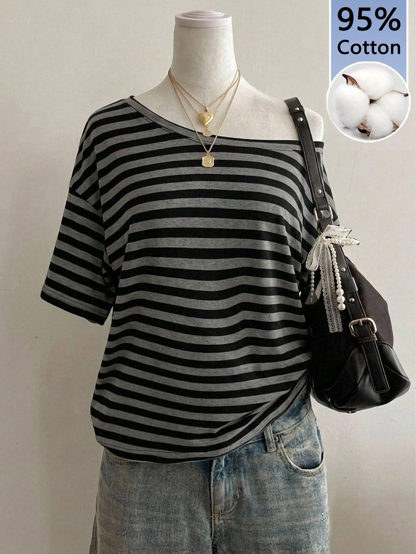 Attitoon Women's 95% Cotton Black/Grey Striped Off-Shoulder Tee- Y2K Streetwear, Summer/Home, Soft Girl,Punk