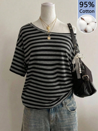 Attitoon Women's 95% Cotton Black/Grey Striped Off-Shoulder Tee- Y2K Streetwear, Summer/Home, Soft Girl,Punk