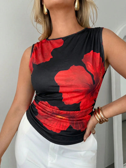 Auralis Plus Size Women Floral Print Ruched Casual Versatile Daily Wear Top Spring/Summer For Elegant Party Wedding Guest Summer Beach