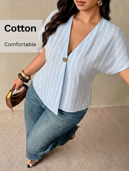 Auralis Summer Light Blue Striped V-Neck Blouse For Women,Smart Casual Everyday Shirt,Metal Button Drop Shoulder Short Sleeve Plus Size Elegant Top