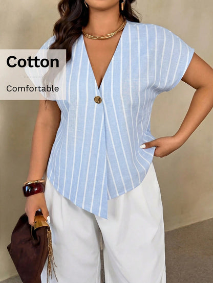 Auralis Summer Light Blue Striped V-Neck Blouse For Women,Smart Casual Everyday Shirt,Metal Button Drop Shoulder Short Sleeve Plus Size Elegant Top