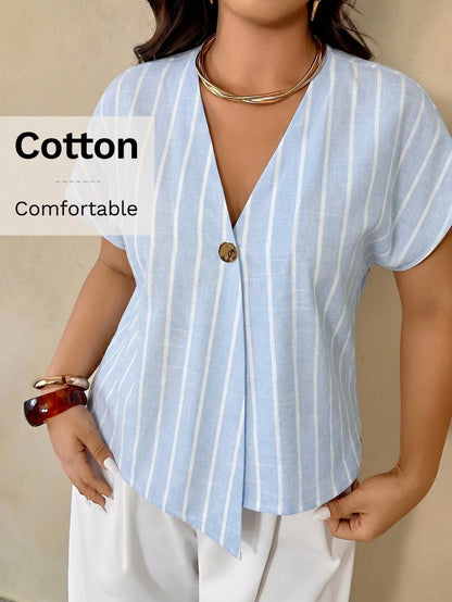 Auralis Summer Light Blue Striped V-Neck Blouse For Women,Smart Casual Everyday Shirt,Metal Button Drop Shoulder Short Sleeve Plus Size Elegant Top