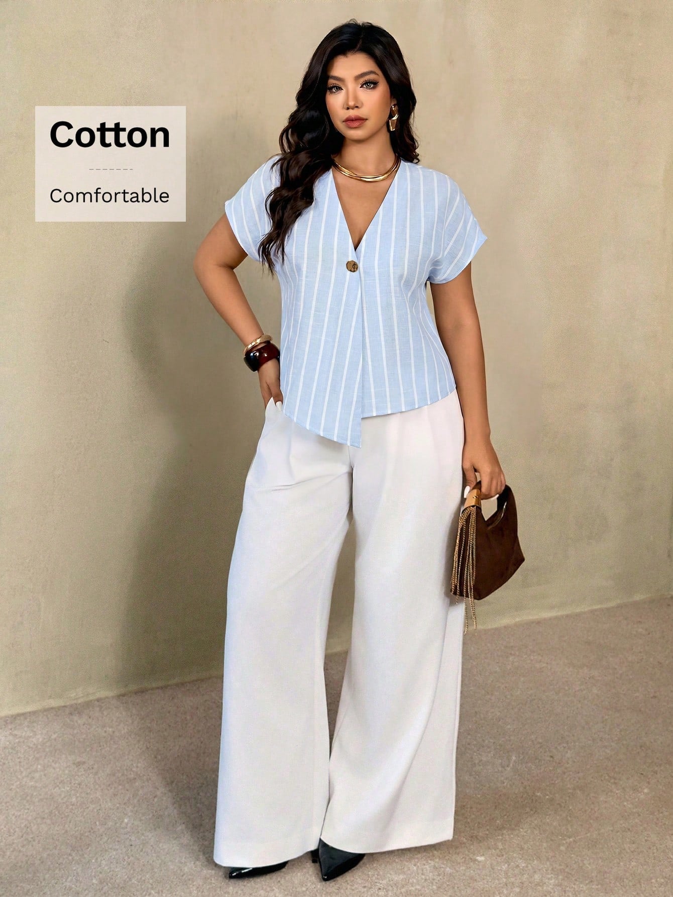 Auralis Summer Light Blue Striped V-Neck Blouse For Women,Smart Casual Everyday Shirt,Metal Button Drop Shoulder Short Sleeve Plus Size Elegant Top