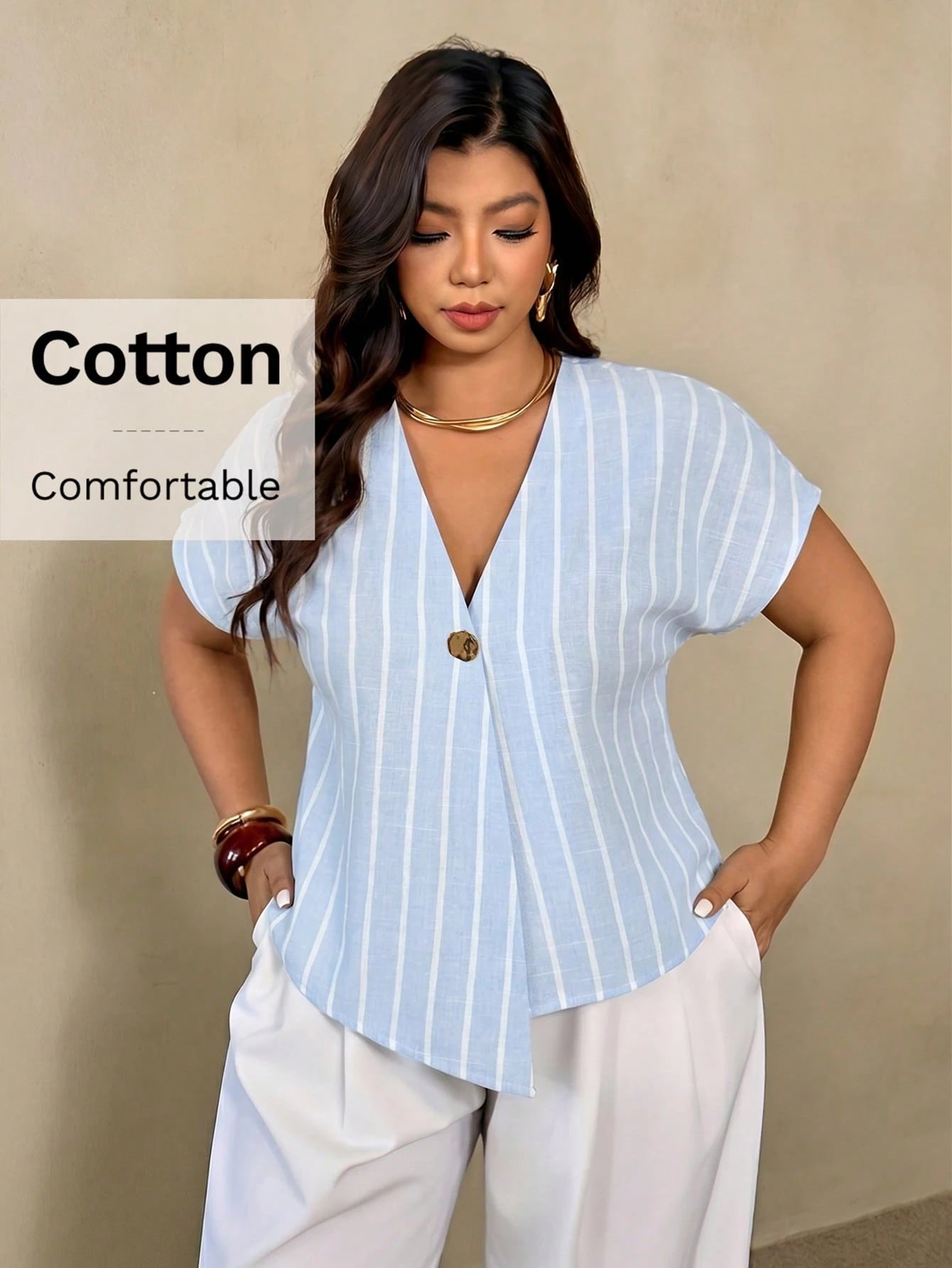 Auralis Summer Light Blue Striped V-Neck Blouse For Women,Smart Casual Everyday Shirt,Metal Button Drop Shoulder Short Sleeve Plus Size Elegant Top