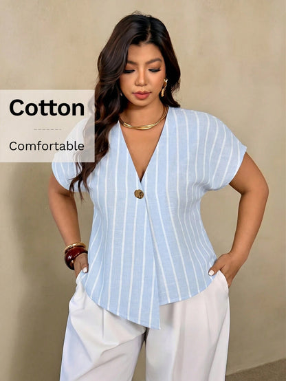 Auralis Summer Light Blue Striped V-Neck Blouse For Women,Smart Casual Everyday Shirt,Metal Button Drop Shoulder Short Sleeve Plus Size Elegant Top