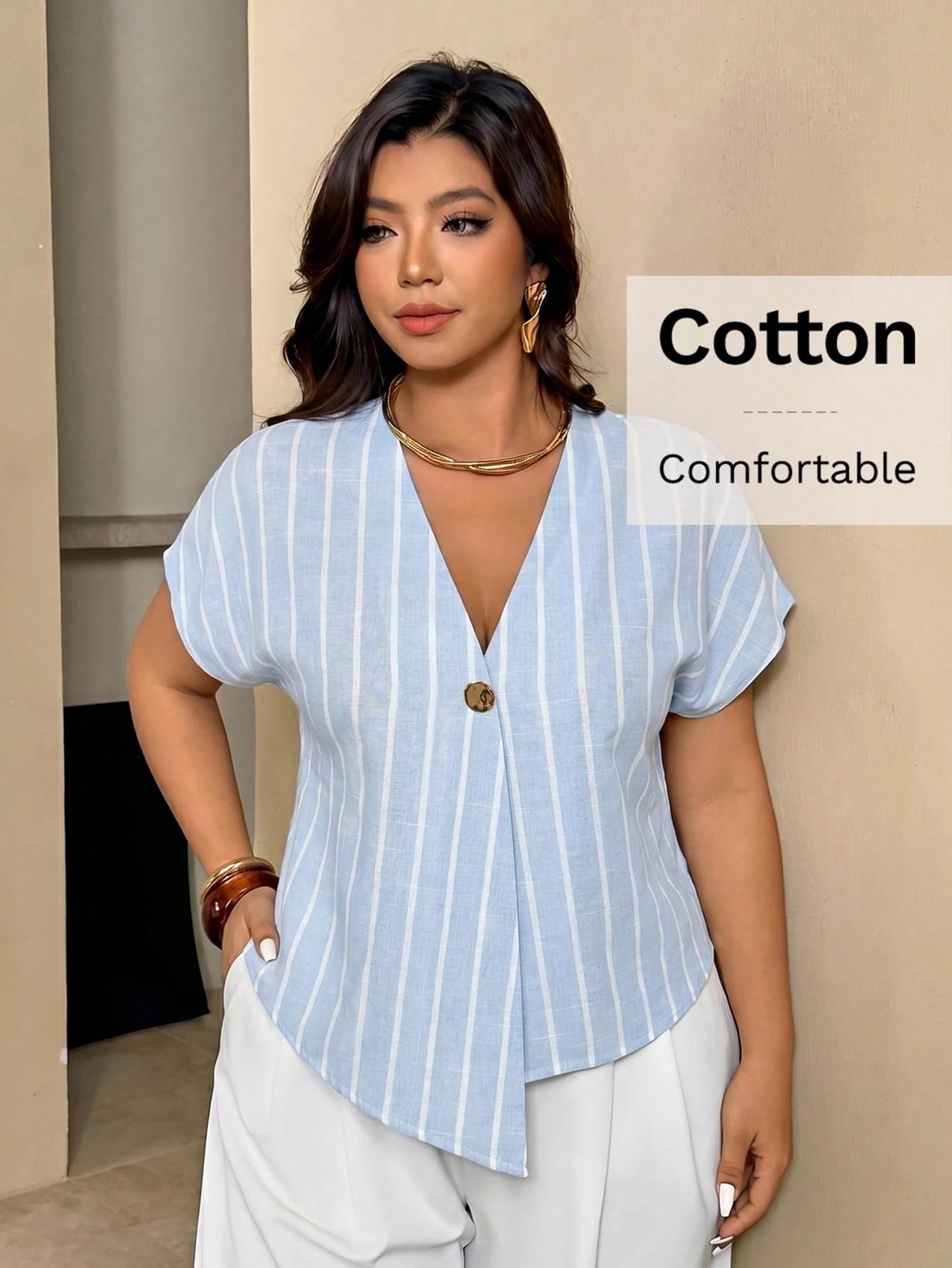 Auralis Summer Light Blue Striped V-Neck Blouse For Women,Smart Casual Everyday Shirt,Metal Button Drop Shoulder Short Sleeve Plus Size Elegant Top