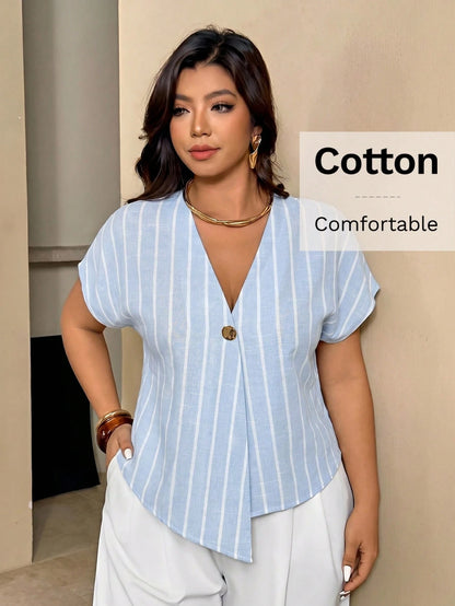 Auralis Summer Light Blue Striped V-Neck Blouse For Women,Smart Casual Everyday Shirt,Metal Button Drop Shoulder Short Sleeve Plus Size Elegant Top