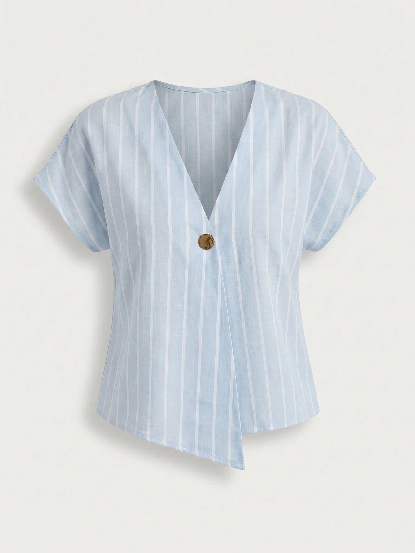 Auralis Summer Light Blue Striped V-Neck Blouse For Women,Smart Casual Everyday Shirt,Metal Button Drop Shoulder Short Sleeve Plus Size Elegant Top
