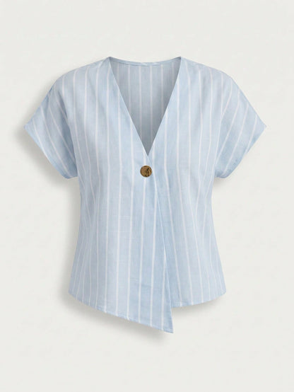 Auralis Summer Light Blue Striped V-Neck Blouse For Women,Smart Casual Everyday Shirt,Metal Button Drop Shoulder Short Sleeve Plus Size Elegant Top