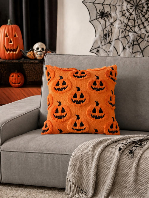 Autumn Halloween Pillow Case, Decorative Pumpkin Pattern Pillow Cover, Soft Plush Faux Wool Cushion, Suitable For Home, Patio, Sofa, Orange And Black Color Scheme
