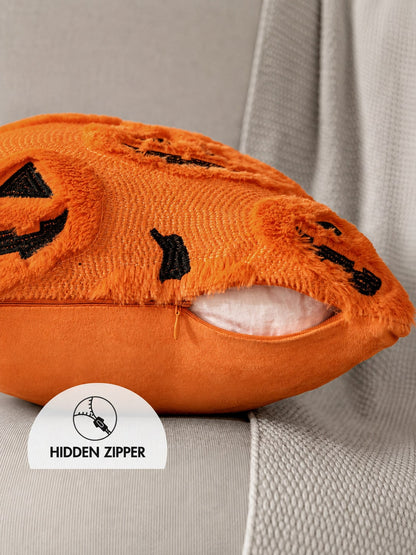 Autumn Halloween Pillow Case, Decorative Pumpkin Pattern Pillow Cover, Soft Plush Faux Wool Cushion, Suitable For Home, Patio, Sofa, Orange And Black Color Scheme