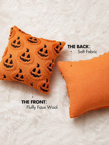 Autumn Halloween Pillow Case, Decorative Pumpkin Pattern Pillow Cover, Soft Plush Faux Wool Cushion, Suitable For Home, Patio, Sofa, Orange And Black Color Scheme