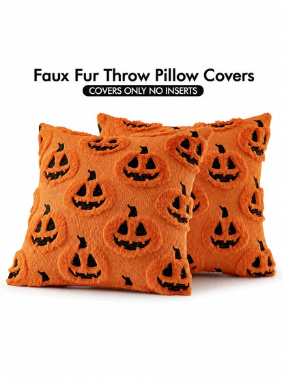 Autumn Halloween Pillow Case, Decorative Pumpkin Pattern Pillow Cover, Soft Plush Faux Wool Cushion, Suitable For Home, Patio, Sofa, Orange And Black Color Scheme