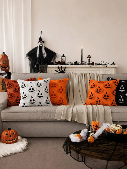 Autumn Halloween Pillow Case, Decorative Pumpkin Pattern Pillow Cover, Soft Plush Faux Wool Cushion, Suitable For Home, Patio, Sofa, Orange And Black Color Scheme