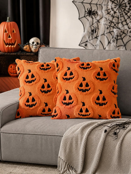 Autumn Halloween Pillow Case, Decorative Pumpkin Pattern Pillow Cover, Soft Plush Faux Wool Cushion, Suitable For Home, Patio, Sofa, Orange And Black Color Scheme
