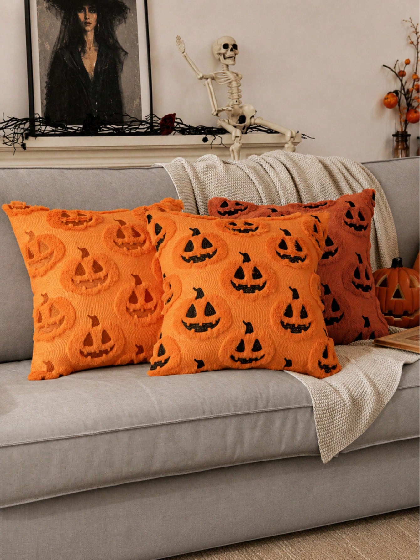 Autumn Halloween Pillow Case, Decorative Pumpkin Pattern Pillow Cover, Soft Plush Faux Wool Cushion, Suitable For Home, Patio, Sofa, Orange And Black Color Scheme