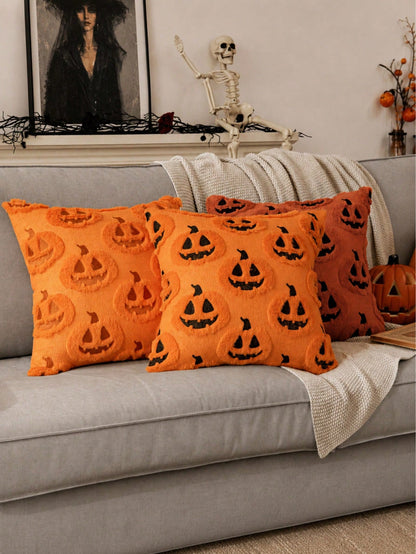 Autumn Halloween Pillow Case, Decorative Pumpkin Pattern Pillow Cover, Soft Plush Faux Wool Cushion, Suitable For Home, Patio, Sofa, Orange And Black Color Scheme