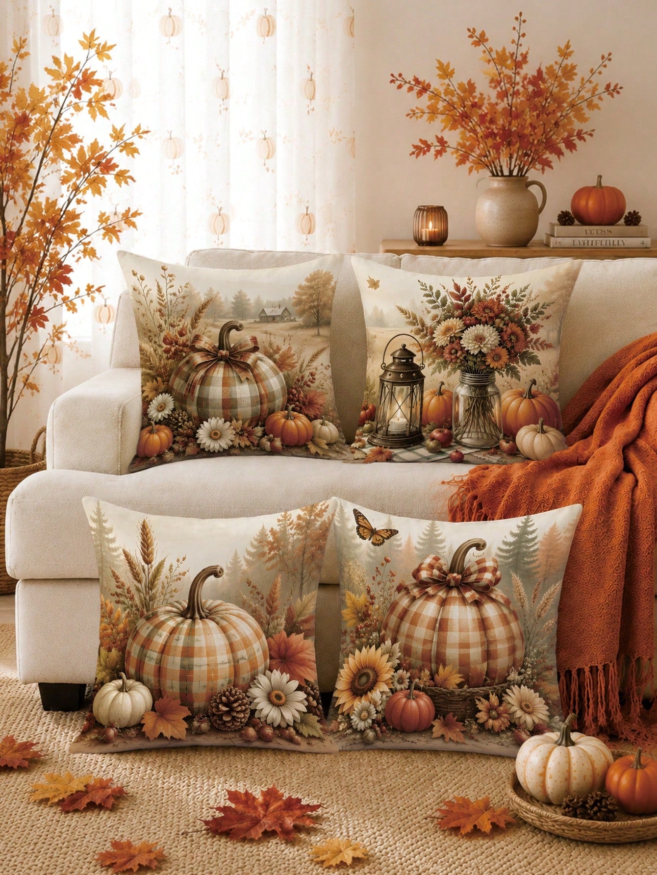 Autumn Pastoral Farm Brown Pumpkin Cushion Cover 4-Piece Set, Single-Sided Printed Peach Skin Velvet Polyester Material, 45*45CM/18*18inch Pillow Covers Suitable For Room Decor, Modern Minimalist Sofa