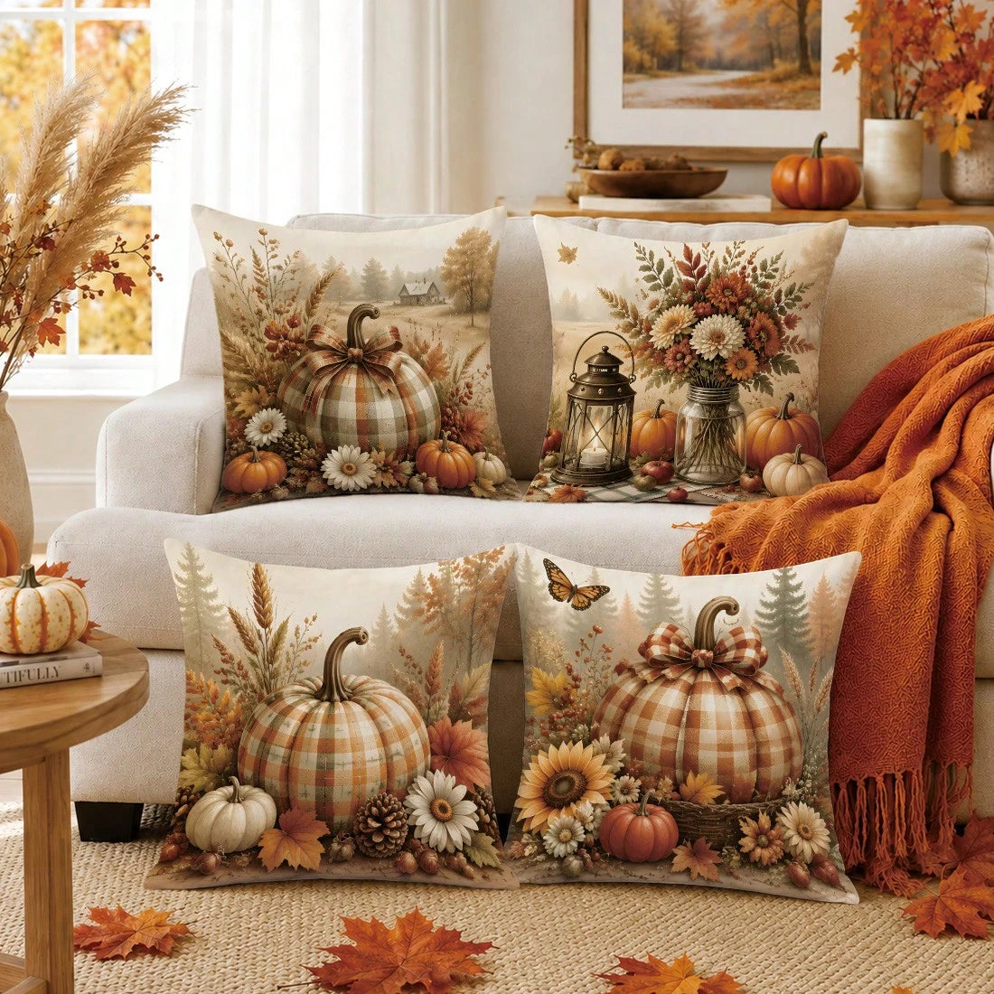 Autumn Pastoral Farm Brown Pumpkin Cushion Cover 4-Piece Set, Single-Sided Printed Peach Skin Velvet Polyester Material, 45*45CM/18*18inch Pillow Covers Suitable For Room Decor, Modern Minimalist Sofa