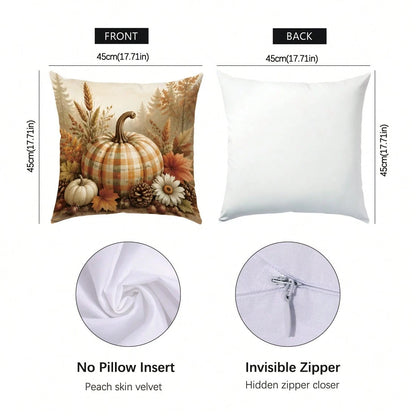 Autumn Pastoral Farm Brown Pumpkin Cushion Cover 4-Piece Set, Single-Sided Printed Peach Skin Velvet Polyester Material, 45*45CM/18*18inch Pillow Covers Suitable For Room Decor, Modern Minimalist Sofa