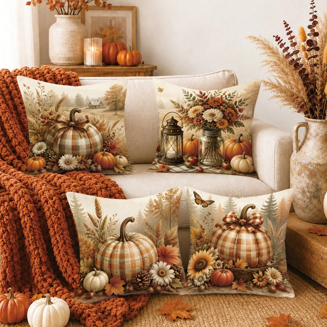 Autumn Pastoral Farm Brown Pumpkin Cushion Cover 4-Piece Set, Single-Sided Printed Peach Skin Velvet Polyester Material, 45*45CM/18*18inch Pillow Covers Suitable For Room Decor, Modern Minimalist Sofa
