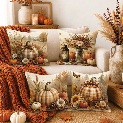 Autumn Pastoral Farm Brown Pumpkin Cushion Cover 4-Piece Set, Single-Sided Printed Peach Skin Velvet Polyester Material, 45*45CM/18*18inch Pillow Covers Suitable For Room Decor, Modern Minimalist Sofa
