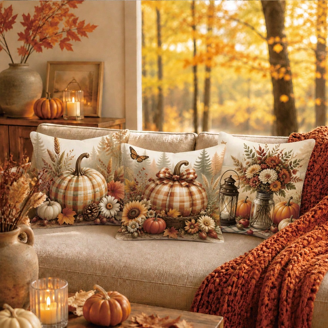 Autumn Pastoral Farm Brown Pumpkin Cushion Cover 4-Piece Set, Single-Sided Printed Peach Skin Velvet Polyester Material, 45*45CM/18*18inch Pillow Covers Suitable For Room Decor, Modern Minimalist Sofa