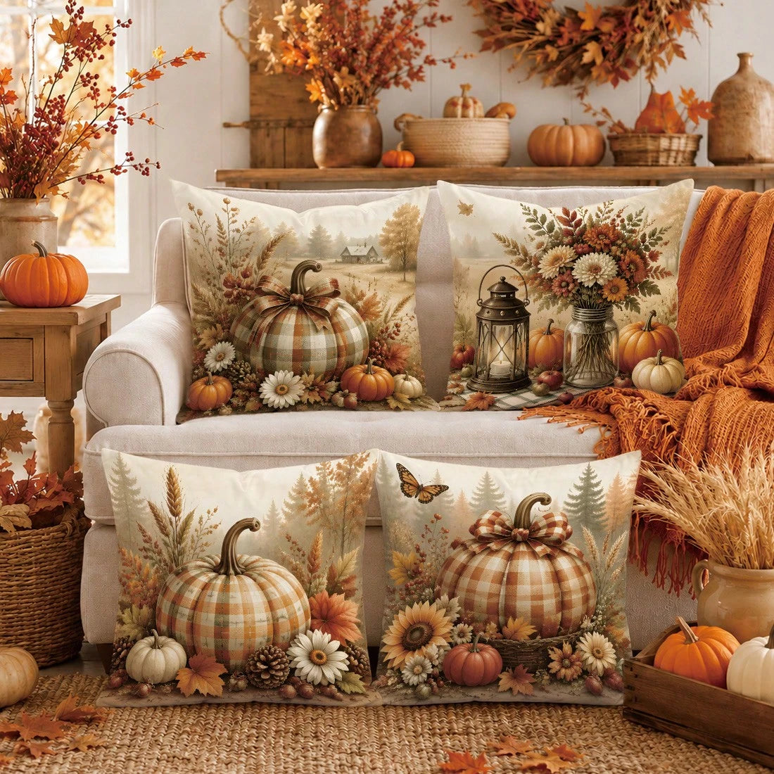 Autumn Pastoral Farm Brown Pumpkin Cushion Cover 4-Piece Set, Single-Sided Printed Peach Skin Velvet Polyester Material, 45*45CM/18*18inch Pillow Covers Suitable For Room Decor, Modern Minimalist Sofa