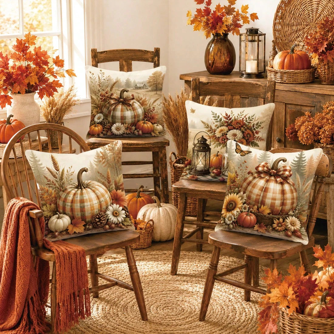 Autumn Pastoral Farm Brown Pumpkin Cushion Cover 4-Piece Set, Single-Sided Printed Peach Skin Velvet Polyester Material, 45*45CM/18*18inch Pillow Covers Suitable For Room Decor, Modern Minimalist Sofa