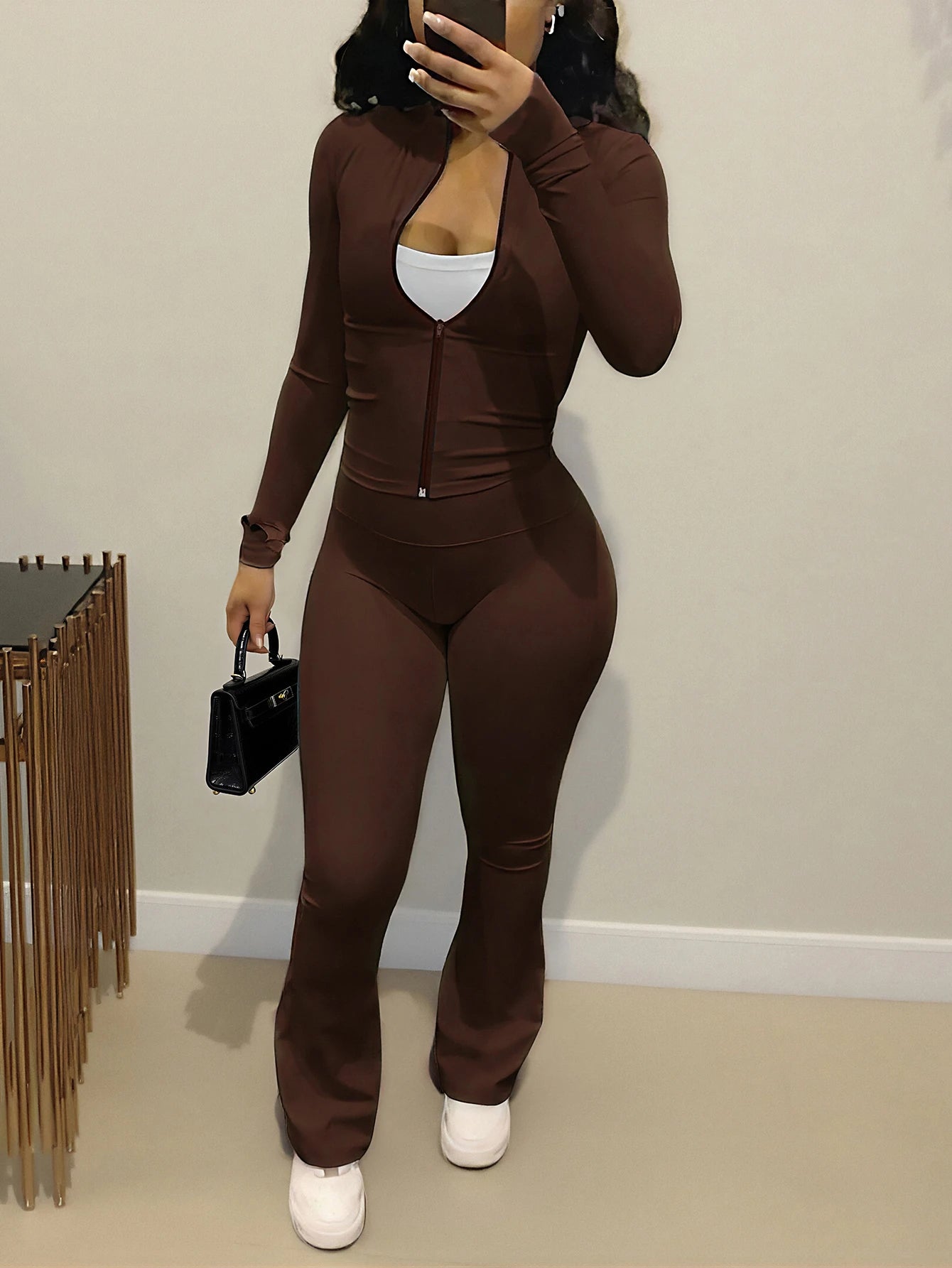 Autumn/Winter European And American Style Women's Fashion Zip-Up Cardigan, Fitted Top And Loose Wide-Leg Pants Set Spring Elegant Summer Brown