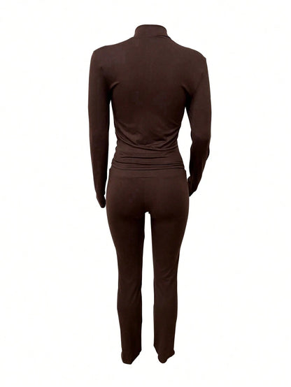 Autumn/Winter European And American Style Women's Fashion Zip-Up Cardigan, Fitted Top And Loose Wide-Leg Pants Set Spring Elegant Summer Brown