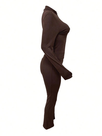 Autumn/Winter European And American Style Women's Fashion Zip-Up Cardigan, Fitted Top And Loose Wide-Leg Pants Set Spring Elegant Summer Brown