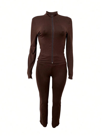 Autumn/Winter European And American Style Women's Fashion Zip-Up Cardigan, Fitted Top And Loose Wide-Leg Pants Set Spring Elegant Summer Brown