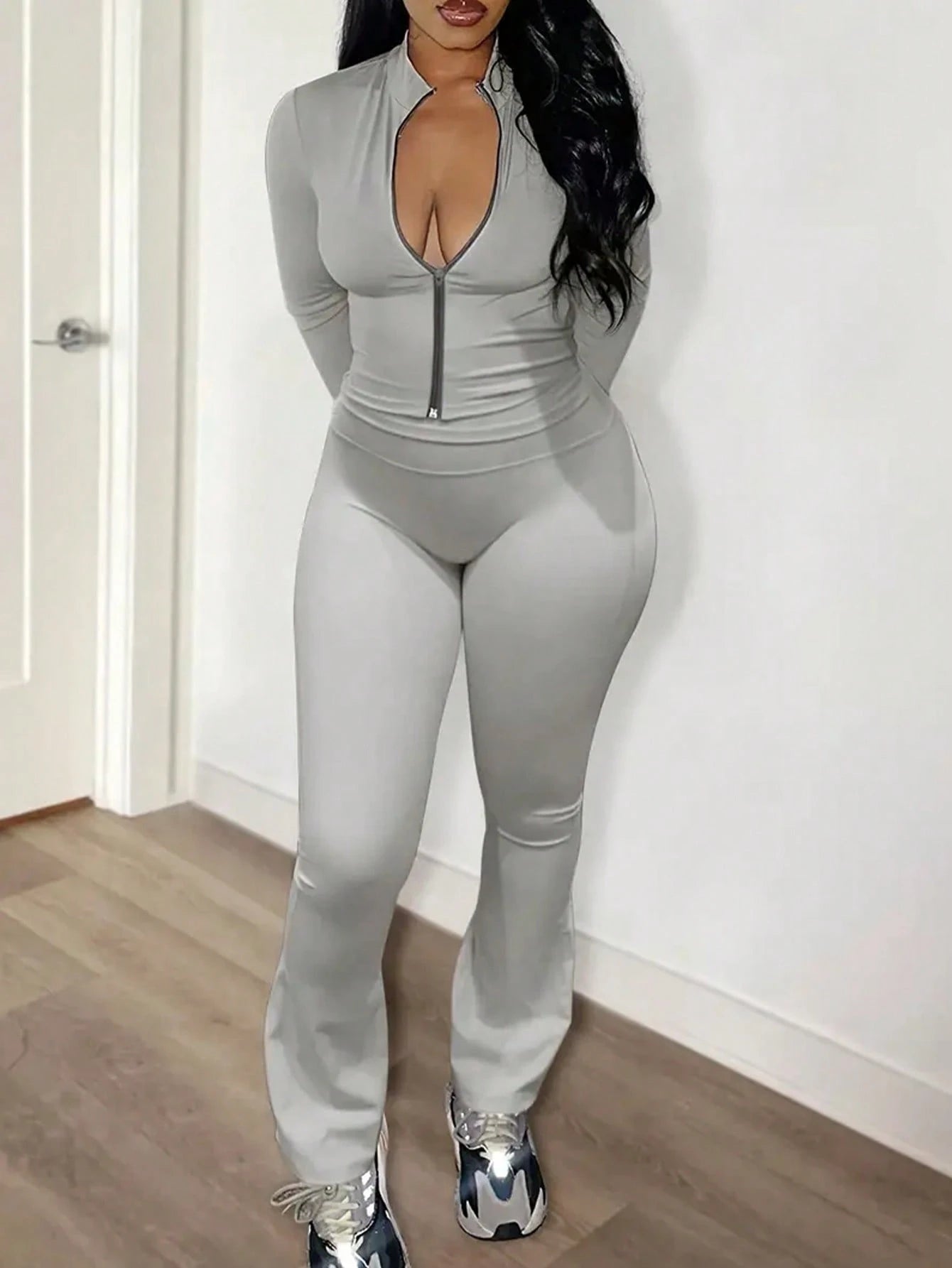 Autumn/Winter European And American Style Women's Fashion Zip-Up Cardigan, Fitted Top And Loose Wide-Leg Pants Set Spring Elegant Summer Brown