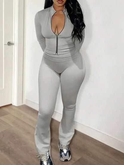 Autumn/Winter European And American Style Women's Fashion Zip-Up Cardigan, Fitted Top And Loose Wide-Leg Pants Set Spring Elegant Summer Brown