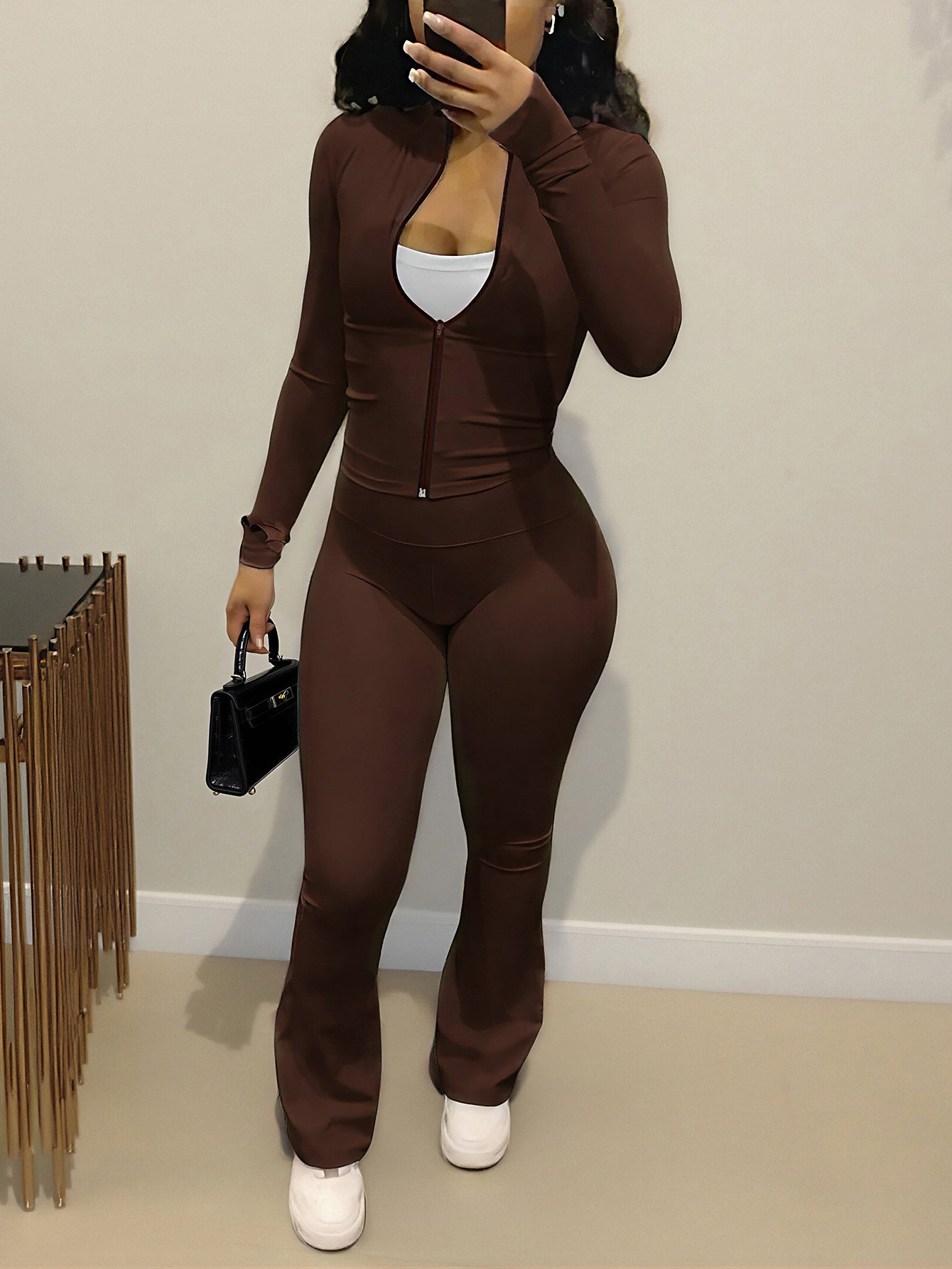 Autumn/Winter European And American Style Women's Fashion Zip-Up Cardigan, Fitted Top And Loose Wide-Leg Pants Set Spring Elegant Summer Brown