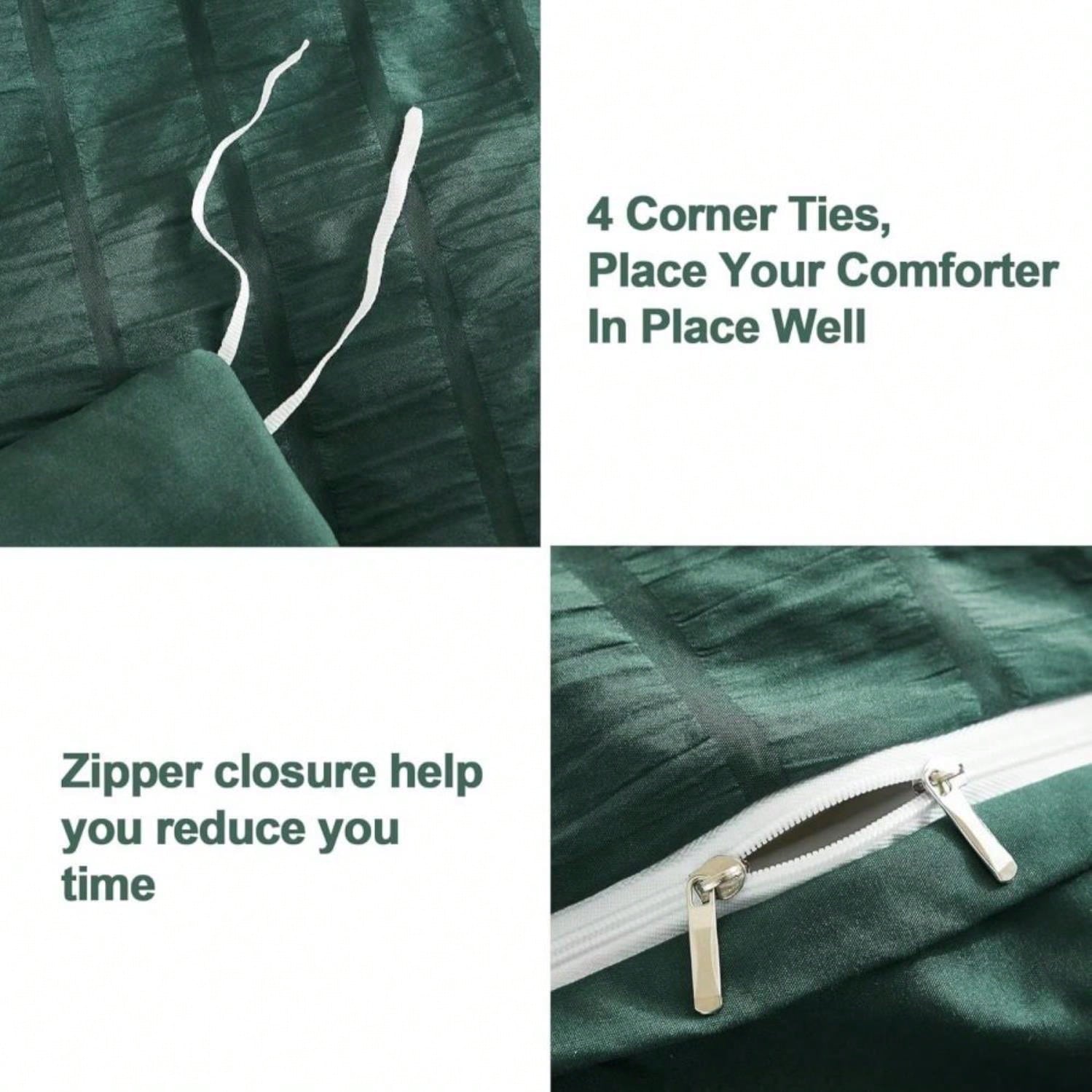 AveLom Dark Green Seersucker Duvet Cover Set King Size (104 X 90 Inches), 3 Pieces (1 Duvet Cover + 2 Pillow Cases), Ultra Soft Washed Microfiber, Textured Duvet Cover With Zipper Closure, Corner Ties