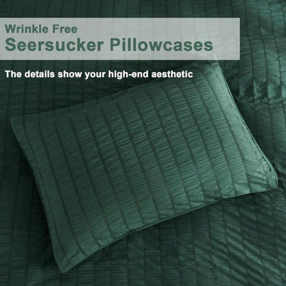 AveLom Dark Green Seersucker Duvet Cover Set King Size (104 X 90 Inches), 3 Pieces (1 Duvet Cover + 2 Pillow Cases), Ultra Soft Washed Microfiber, Textured Duvet Cover With Zipper Closure, Corner Ties