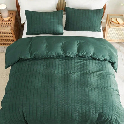AveLom Dark Green Seersucker Duvet Cover Set King Size (104 X 90 Inches), 3 Pieces (1 Duvet Cover + 2 Pillow Cases), Ultra Soft Washed Microfiber, Textured Duvet Cover With Zipper Closure, Corner Ties