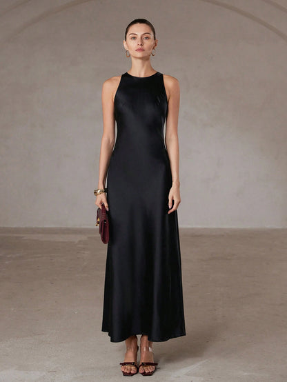 Aveloria Modichic Minimalist Chic Asymmetric Bias-Cut Double-Sided Satin-Like Fabric A-Line Sleeveless Long Dress For Women, Flattering And Versatile