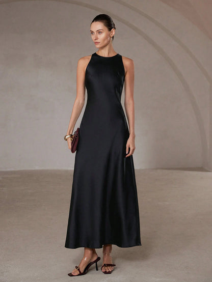 Aveloria Modichic Minimalist Chic Asymmetric Bias-Cut Double-Sided Satin-Like Fabric A-Line Sleeveless Long Dress For Women, Flattering And Versatile