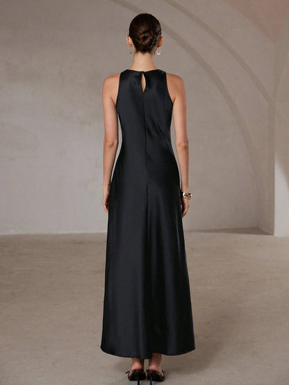 Aveloria Modichic Minimalist Chic Asymmetric Bias-Cut Double-Sided Satin-Like Fabric A-Line Sleeveless Long Dress For Women, Flattering And Versatile