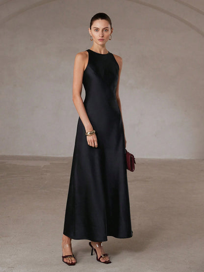 Aveloria Modichic Minimalist Chic Asymmetric Bias-Cut Double-Sided Satin-Like Fabric A-Line Sleeveless Long Dress For Women, Flattering And Versatile