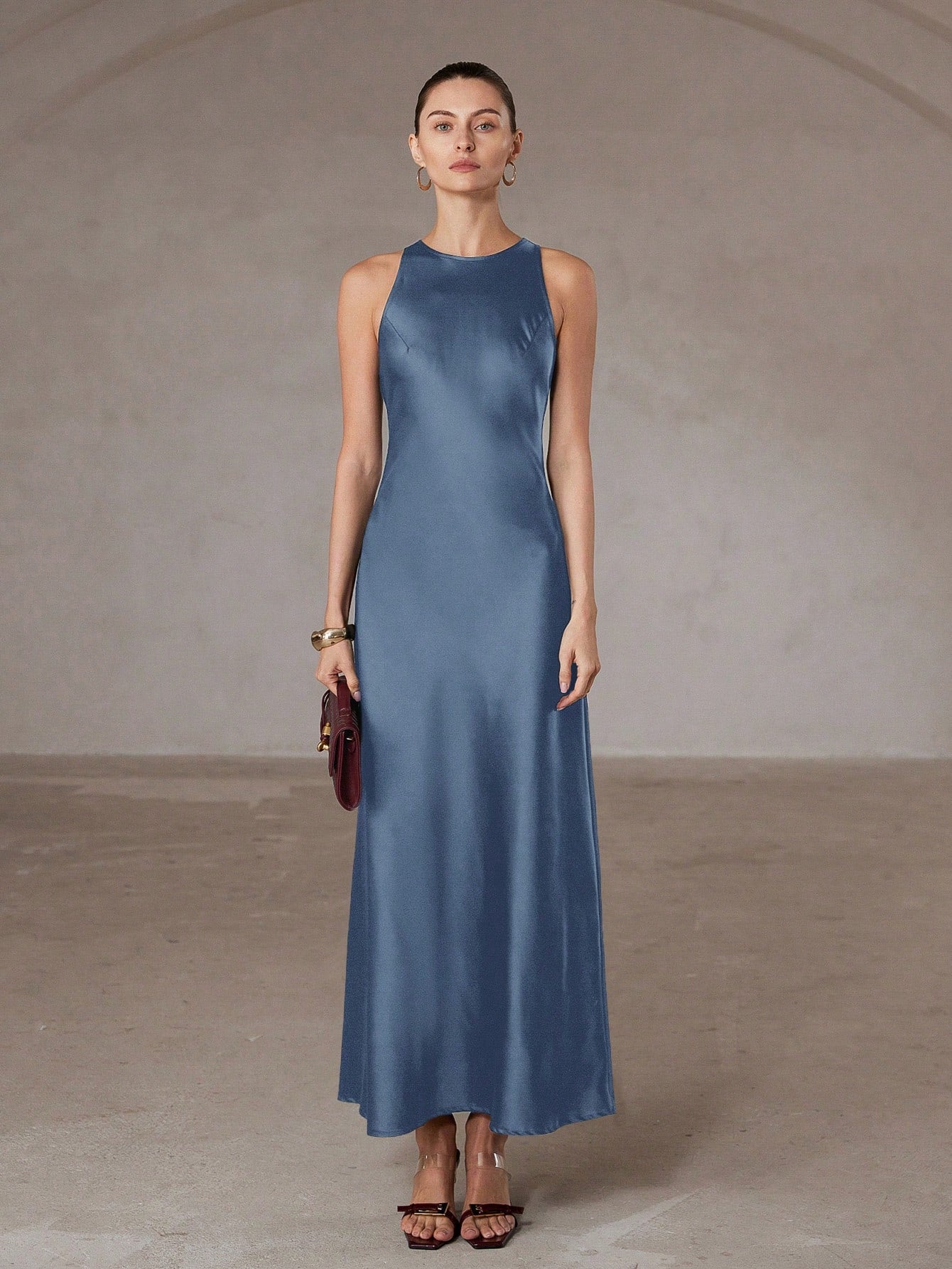 Aveloria Modichic Minimalist Chic Asymmetric Bias-Cut Double-Sided Satin-Like Fabric A-Line Sleeveless Long Dress For Women, Flattering And Versatile