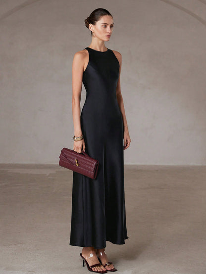 Aveloria Modichic Minimalist Chic Asymmetric Bias-Cut Double-Sided Satin-Like Fabric A-Line Sleeveless Long Dress For Women, Flattering And Versatile