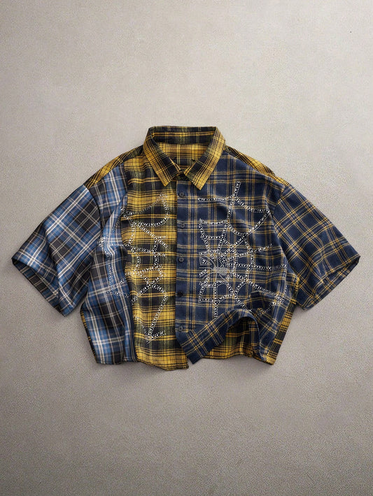 AXEPEAK Men's Fashion Plaid Patchwork Spider Web Rhinestone Embellished Short Sleeve Shirt, Halloween